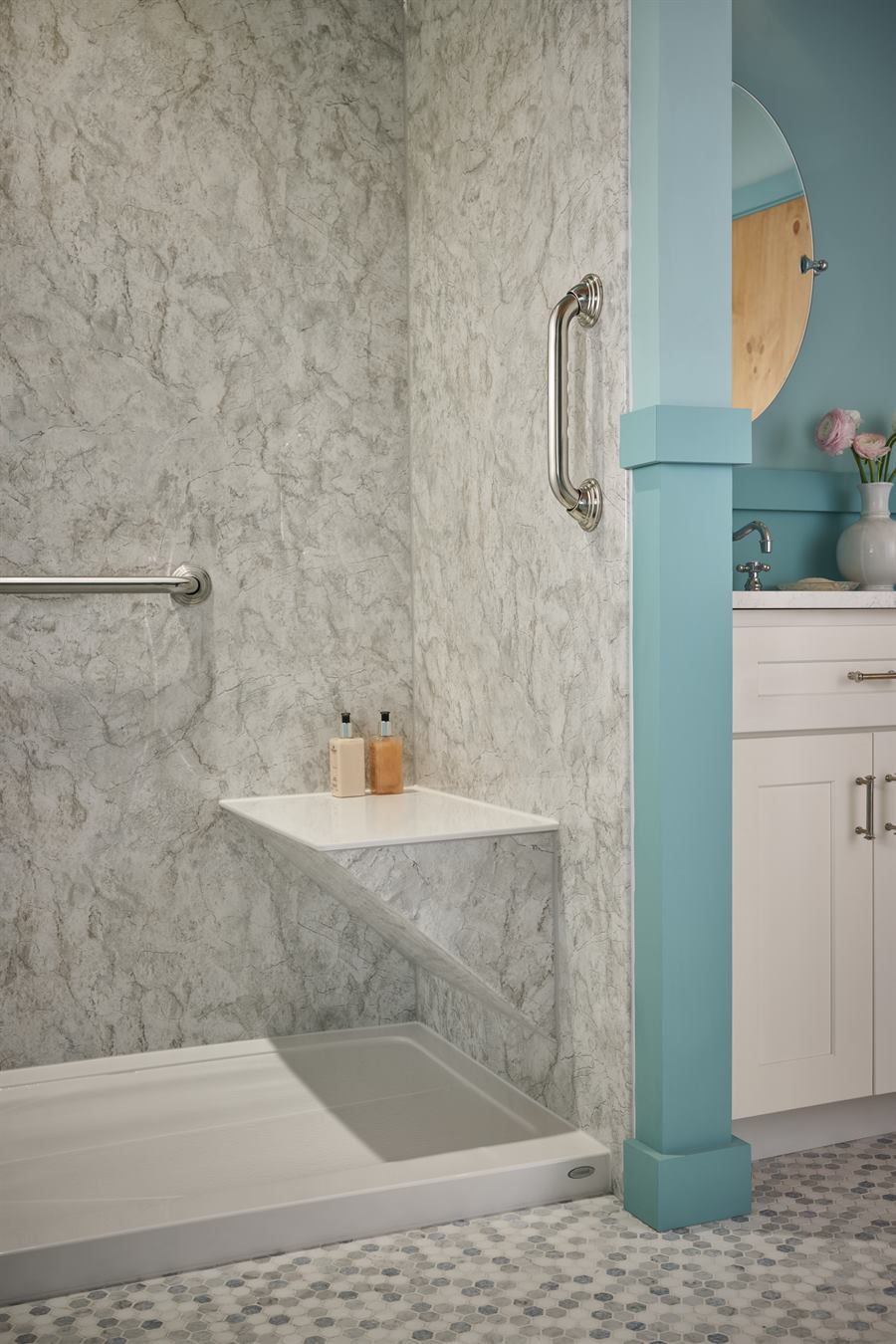 Jacuzzi walk-in shower with grab bar and built-in bench