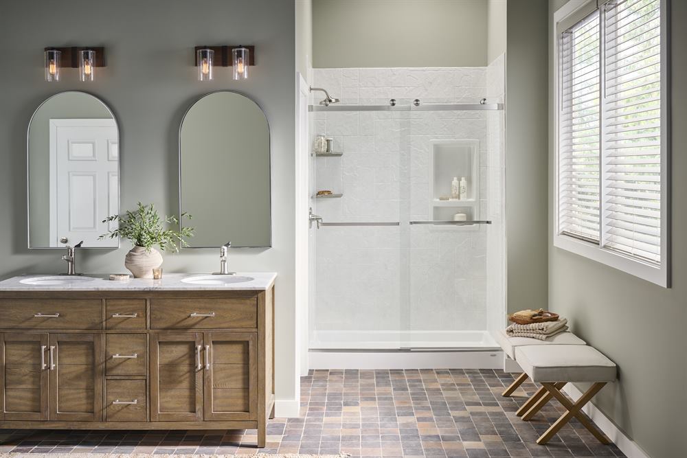 Bright walk-in shower with a low threshold where a bathtub used to be